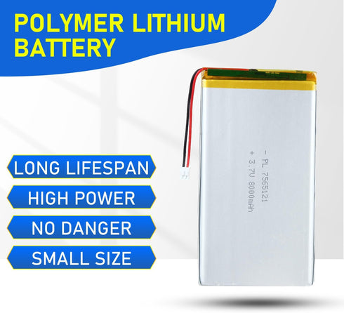 Qimoo 7565121 3.7V 8000mAh 7565121 Pack PH2.0mm Lipo Battery Rechargeable Lithium Polymer Battery with JST Connector