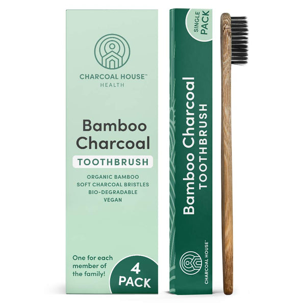 4-Pack Adult Organic Bamboo Charcoal Toothbrushes Set - Biodegradable & Natural with Soft Bristles