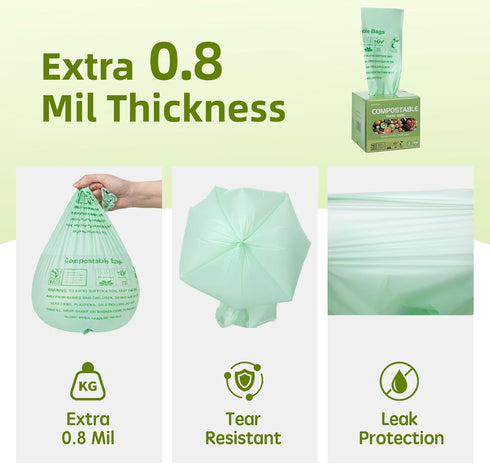 OMOTIYA 3 0.8 100 Count, D6400, Compostable Trash Bags Gallon, Extra Thick Mils, ASTM BPI, OK Compost Home Certified