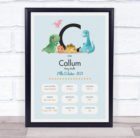 The Card Zoo New Baby Birth Details Christening Nursery Dinosaur Initial C Gift Print