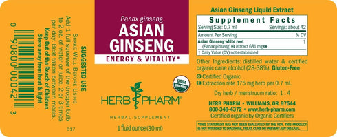 Herb Pharm Asian (Panax) Ginseng Liquid Extract for Energy and Stamina Support - 1 Ounce