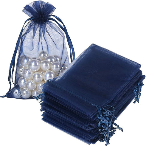 HRX Package 100pcs Organza Gift Bags Navy Blue, 4 x 6 inch Mesh Jewelry Pouches for Small Sample Christmas Candy