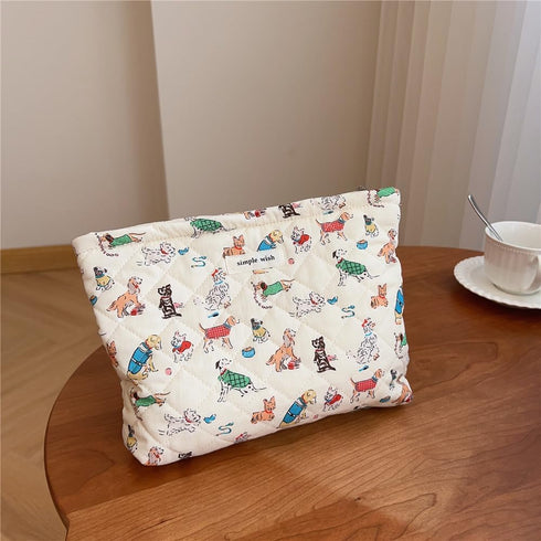 Quilted Cotton Makeup Bag, Cute Animal Cosmetic Bag, Large Capacity Travel Toiletry Bag for Women and Girls (01Dog)
