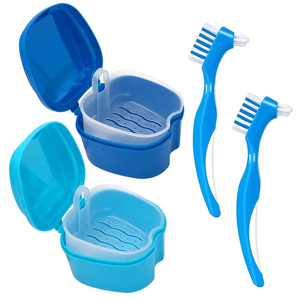 Denture Cleaner Box and Brush Set - 2 Pack Portable Denture Bath Case with Basket + 2 Pack Brushes (Light and Dark Blue)