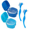 Denture Cleaner Box and Brush Set - 2 Pack Portable Denture Bath Case with Basket + 2 Pack Brushes (Light and Dark Blue)