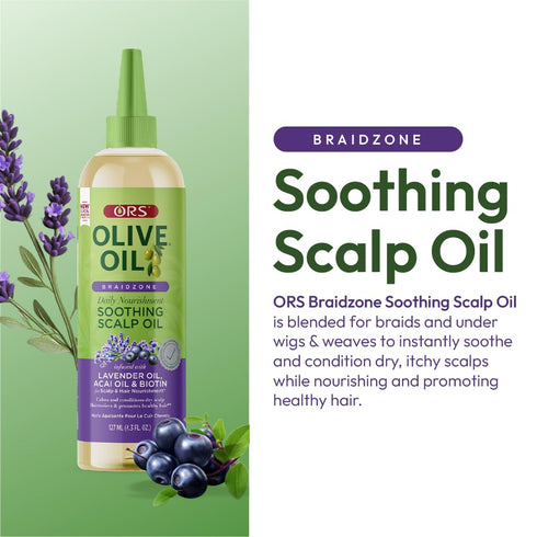 ORS Olive Oil Braidzone Soothing Scalp Oil - Nourishment with Lavender, Acai & Biotin, 4.3 oz