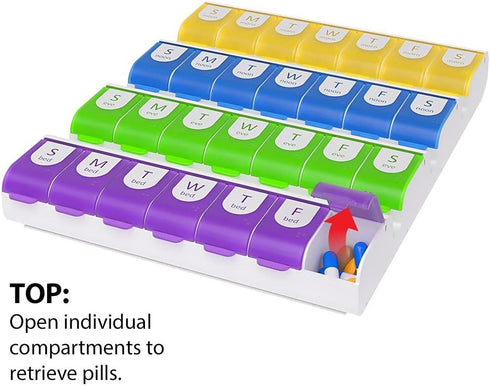 EZY DOSE Weekly (7-Day) Pill Case - Multi-Colored Medicine Planner, Large Compartments, BPA Free