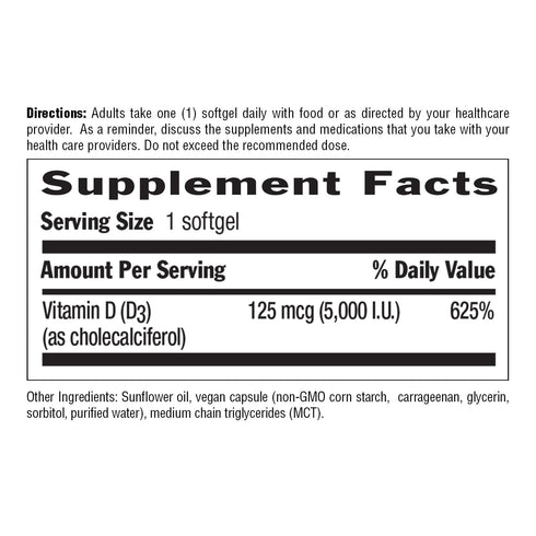 Country Life Vegan D3 5000 IU, Plant-Derived Vitamin D3 from Lichen, 60 Softgels, High Potency Immune Support