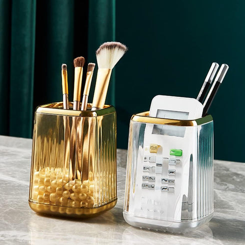 Makeup Brush Holder Organizer for Vanity, Acrylic Gold Container with Striped Design for Bathroom