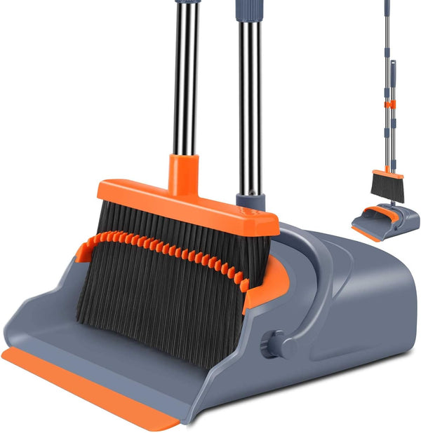 kelamayi Upgrade Broom and Dustpan Set - Self-Cleaning with Dustpan Teeth, Gray & Orange