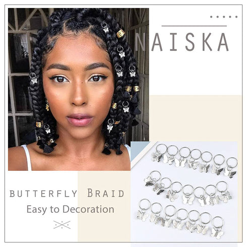 NAISKA 20PCS Butterfly Hair Clips, Dreadlock Accessories Hair Jewelry for Women Braid Charms Rings