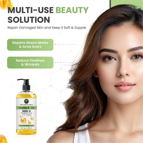 SAHAK Natural Vitamin E Oil, 100% Pure, Cold-Pressed, 60000 IU, Organic for Hair, Scalp, Skin, 240 ml (8 oz)