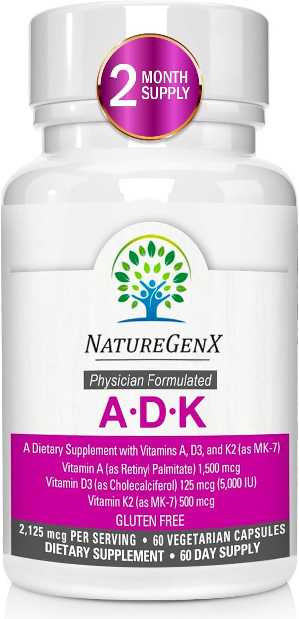 ADK Vitamin Supplement 5000 IU - High Potency Vitamins A, D3, K2 for Bone Health & Calcium Absorption, 60 Capsules
