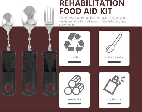 Beavorty Adaptive Utensils, 3pcs Curved Spoon Fork Set with Non-Handles for Elderly with Hand Tremors