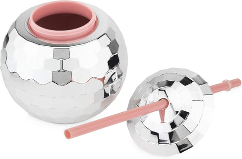 Blush Silver Disco Ball Cup with Straws - 16 Ounce Sparkly Glitter Cocktail Drink Tumbler, Party Supplies