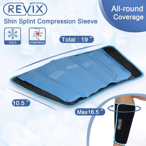 REVIX Shin Splint Ice Pack, Reusable Leg Ice Pack Wrap for Cold Therapy, Compression Sleeve for Leg Pain Relief Support