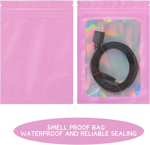 100 Pack Smell Proof Bags, Resealable Mylar Holographic Pouch with Clear Window for Food, Jewelry, Electronics Storage
