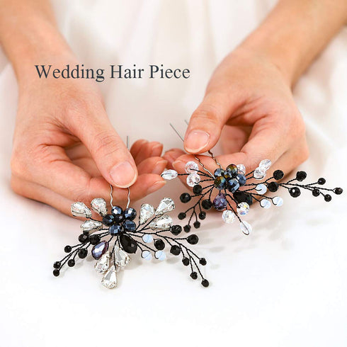Unicra Black Hair Pins for Brides, Bridal Crystal Hair Piece Accessories for Women and Girls