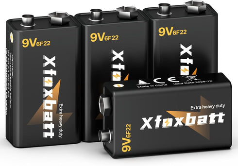 XFOXBATT 9V Batteries Carbon 6F22 9 Volt Battery for Smoke/CO Detectors Leakproof &