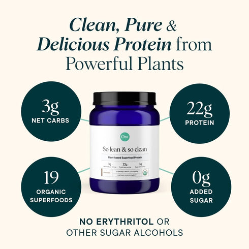 Ora Organic Vegan Protein Powder - 22g Plant Based Chocolate Flavor with Digestive Enzyme, 20 Servings, Gluten Free