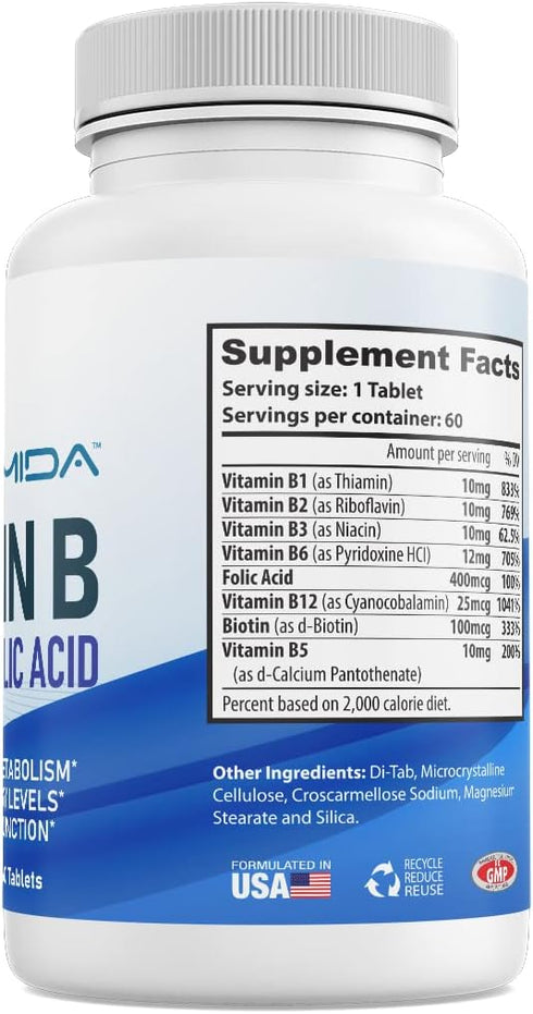 Vitamin B Complex and Folic Acid - Advanced Formula for Brain Support, Energy & Heart Health, 60 Tablets
