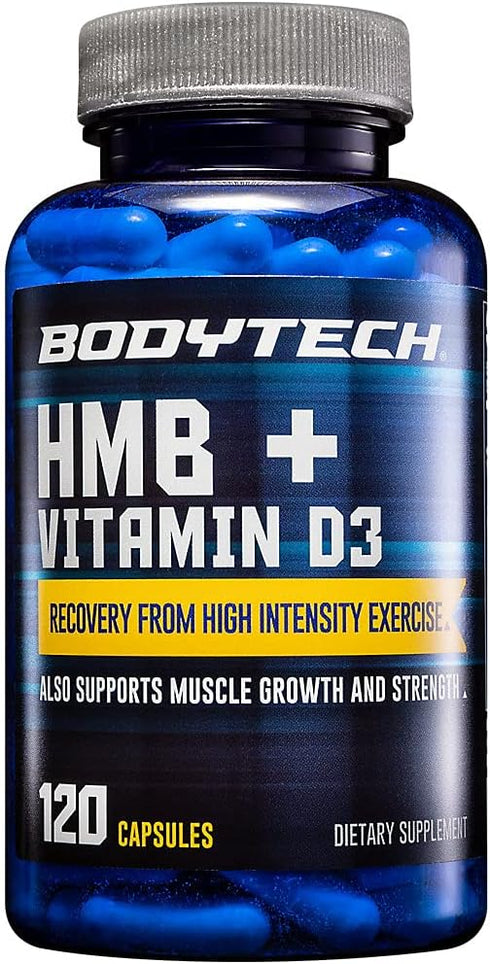 BODYTECH HMB + Vitamin D3, 120 Vegetable Capsules, Supports Muscle Growth and Strength