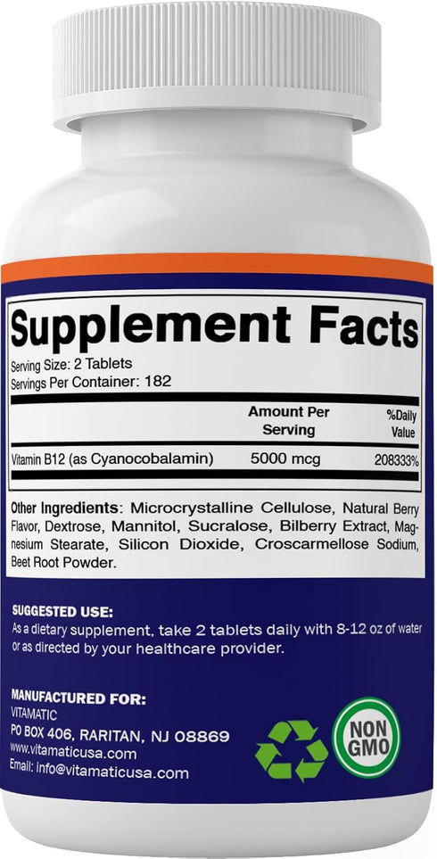 Vitamatic Vitamin B12 5000 mcg per Serving Fast Dissolve 365 Tablets, Berry Flavor, Supports Energy Metabolism