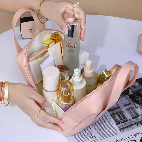 Travel Makeup Bag, Large Capacity Waterproof Cosmetic Pouch, Open Flat Toiletry Organizer with Divider for Women
