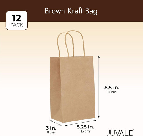 Juvale Paper Gift Bags with Handles, 12 Pack, 3x5.25x8.5 in Brown, Party Favor Bags