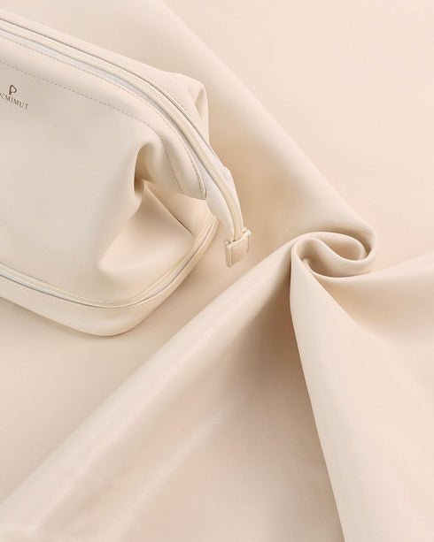Pocmimut Makeup Bag, Leather Make Up Bag Travel Cosmetic Bags for Women, Large Wide-open Makeup Bag Double Layer Toiletry Bag Make Up Organizer Case for Toiletries Accessories Brushes (White)