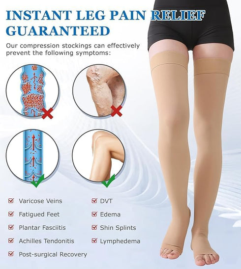 MGANG Medical Thigh High Compression Stockings, Pair, Open Toe, 20-30 mmHg, Beige M for Men & Women