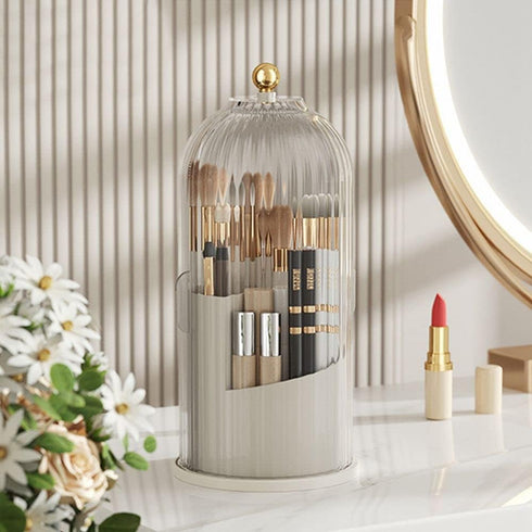 Makeup Brush Holder Organizer - 360° Rotating Luxury Cosmetic Organizer with Lid, Desktop Storage (White 1)