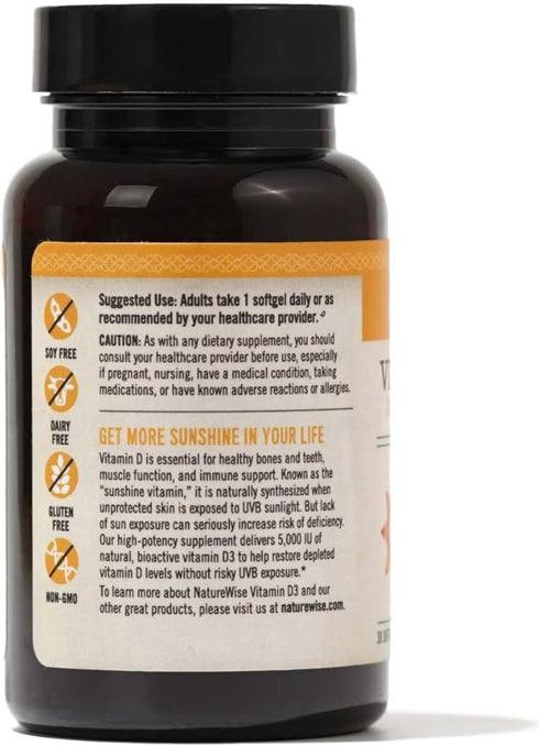 NatureWise Vitamin D3 5000iu (125 mcg) Healthy Muscle Function, and Immune Support, Non-GMO, Gluten Free in Cold-Pressed Olive Oil, Packaging Vary (Mini Softgel), 30 Count