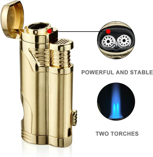 Cigar Torch Lighter with Punch, Butane Refillable, 2 Jet Flame, Windproof (Gold)