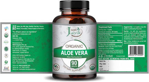 Just Jaivik Organic Aloe Vera Tablets - 750 mg Dietary Supplement (Pack of 90 Organic Tablets) for Wellness