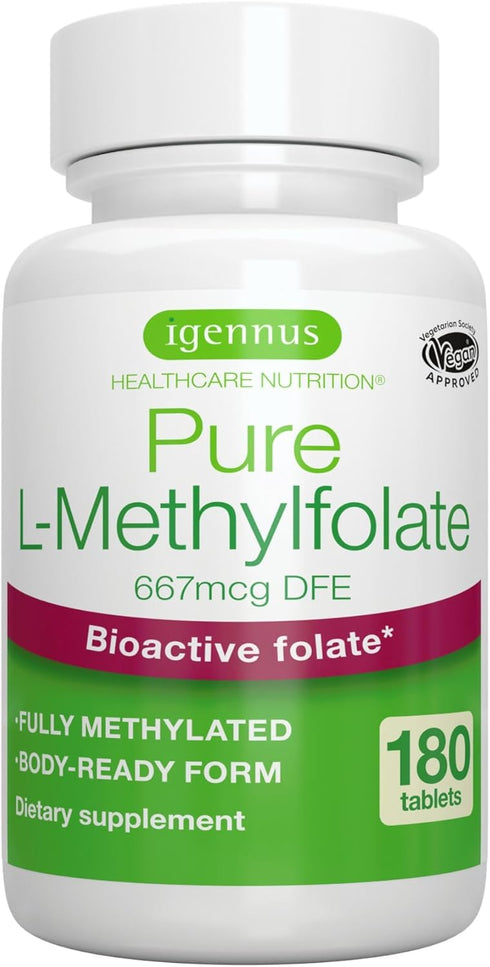 Pure Folate 400mcg: Optimized Methylfolate, Clean Label, 180 Small Tablets, Vegan & Hypoallergenic Supplement for Health
