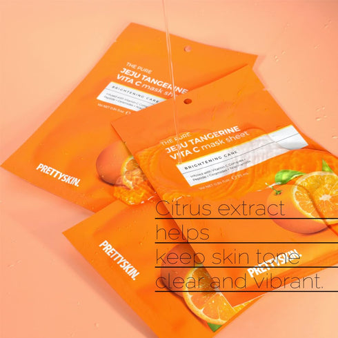 PS.PRETTYSKIN Jeju Tangerine Vitamin C Facial Mask Sheet (Pack of 10) with Panthenol, Adenosine, Niacinamide