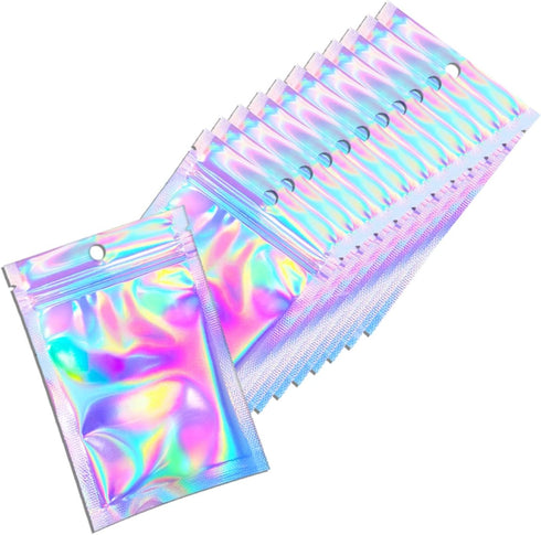 100 Pcs Holographic Resealable Packaging Bags, Cute Smell Proof Foil Pouch for Small Business Supplies, 4x6 inch
