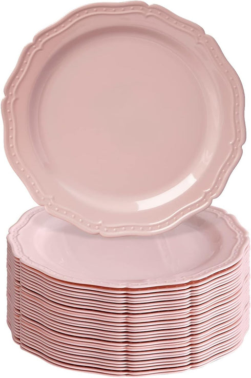 SILVER SPOONS 20 PC Heavy Duty Disposable Dinner Set, Vintage Embossed Plastic Dessert Plates for Party, 7.5" Fine China