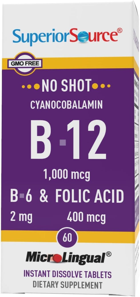 Superior Source No Shot Vitamin B-12, 1000 mcg, B-6, Folic Acid 400 mcg, 60 Sublingual Tablets