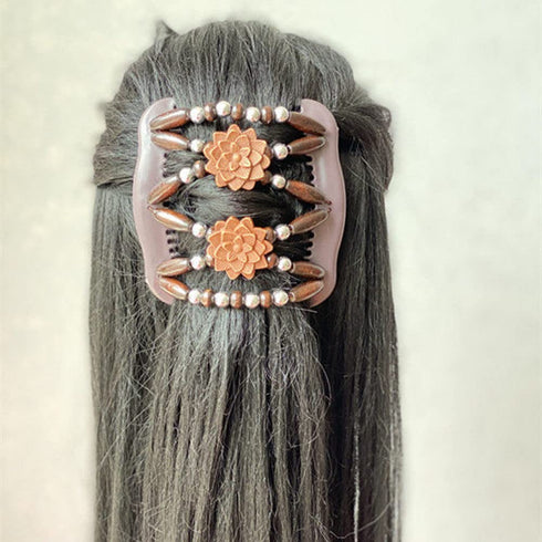 LOVEF Women Magic Hair Combs, Wood Beaded Stretch Double Side Combs Clips, Bun Maker Hair Accessories (Coffee)