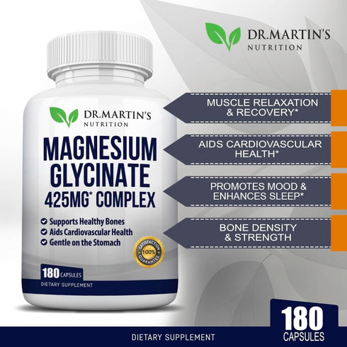 Premium Magnesium Glycinate 425mg - 180 Vegan Capsules for Stress Relief, Sleep, Muscle Cramps & Healthy Heart