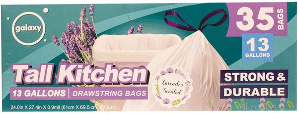 Galaxy 35 Count 13 Gallons Drawstring Tall Kitchen Bags, Lavender Scent