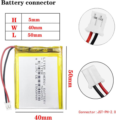 Liter 3.7V 1500mAh 504050 Lipo Battery Rechargeable Lithium Polymer ion Battery Pack with JST 2.0mm Connector