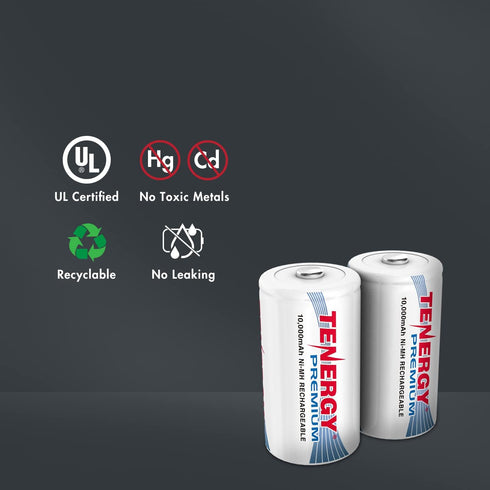 Tenergy 4 10000mAh Combo: pcs Premium D Size Rechargeable Batteries High Capacity NiMH - UL Certified