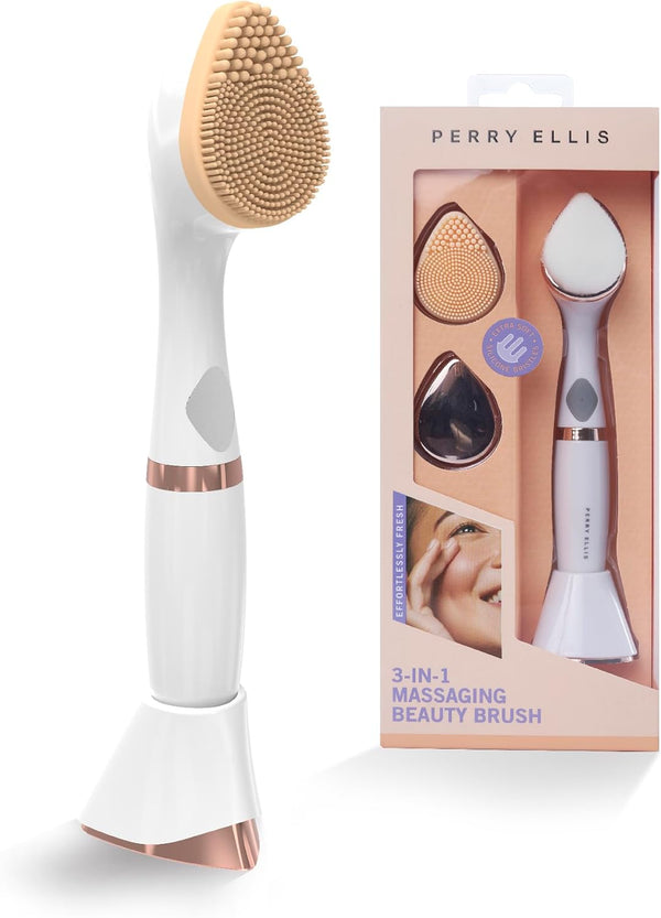 Perry Ellis 3-in-1 Massaging Beauty Brush for Women, Eye Massager & Facial Cleansing Brush, Battery Operated