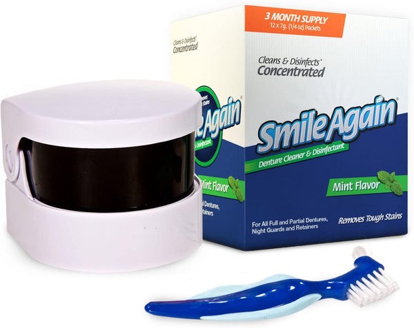 Care Kit for Denture, Retainer & Aligner Cleaning - Ultrasonic Cleaner, Brush, Cleaning Solution, Pack of 3