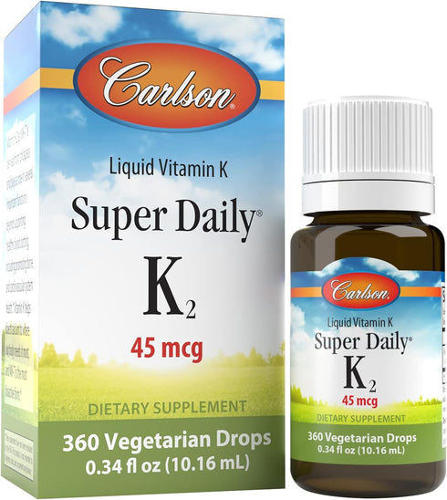 Carlson Super Daily K2 Liquid Vitamin K, 45 mcg for Bone Health, Unflavored, 360 Drops (10.16 mL)