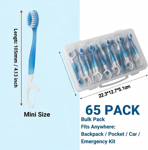 HYLEBOR 65 Pack 5-in-1 Mini Disposable Toothbrushes Prepasted Travel Toothbrush with Toothpaste, Floss & Pick