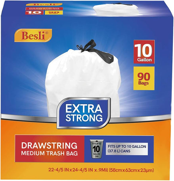 10 Gallon Drawstring Trash Bag, 0.9 Mil, 90 Counts for Convenient Trash Disposal and Organization